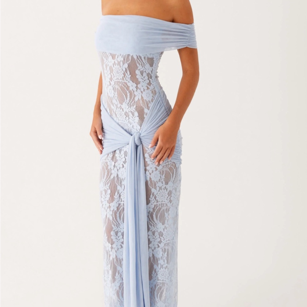 Peppermayo Off-Shoulder Lace Gown in Light Blue